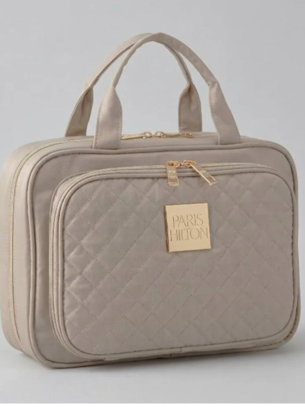 NWT Paris Hilton Quilted Travel Hanging Toiletry Bag Cream Tan Cosmetic Case